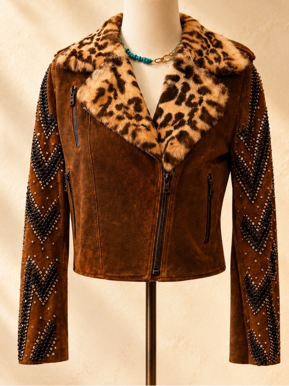 Eleven 11 Genuine Leather Studded Moto Jacket | Leopard Fur Collar | Size Small